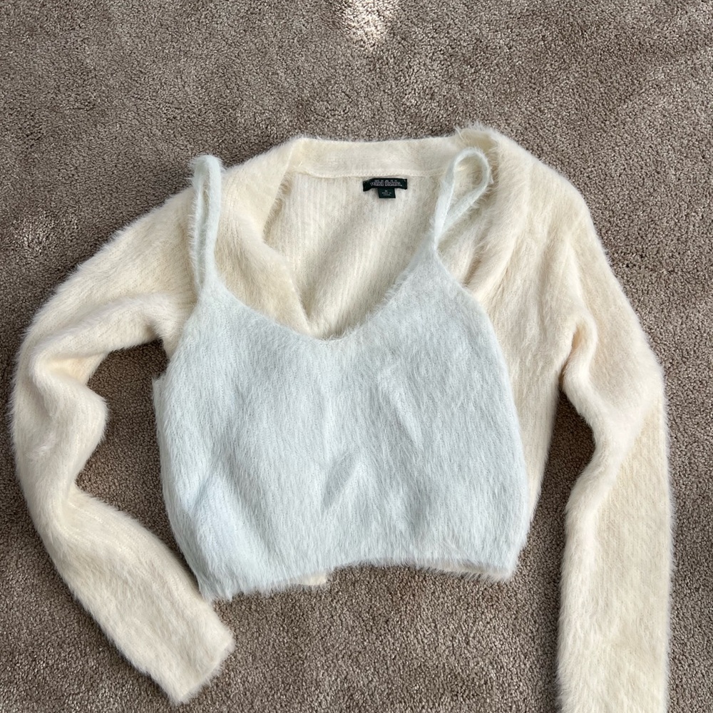 Cream and Ice Blue Fuzzy Knit Set